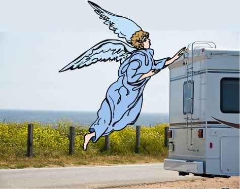 An angel shoving an RV.
