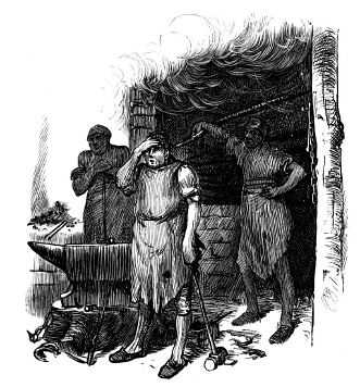 A black and white rendering of someone blacksmithing at the turn of last century.