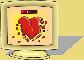 A computer monitor with a broken heart and the initials FTP above it.