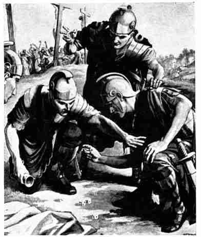 Line drawing of Roman soldiers casting lots for Jesus' clothing.