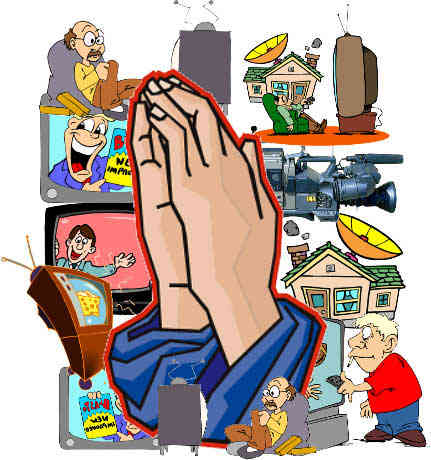 Shall I Pray or Watch TV? Image of praying hands surrounded by small cartoon images of people watching TV